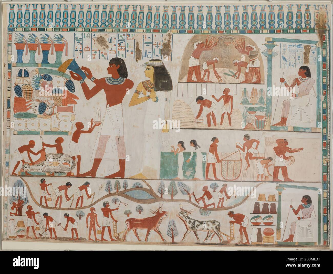 Norman de Garis Davies, East Wall, South Side of Nakht'S Offering Chapel, Twentieth Century; Original New Kingdom, Norman de Garis Davies (1865–1941), Lancelot Crane (1880–1918), Dynasty 18, poi regno di Amenhotep II–metà regno di Amenhotep III, 1908–1910; originale ca. 1410–1370 a.C., Luogo Oggetto Egitto, Alto Egitto, Tebe, Sceicco Abd el-Qurna, Tomba di Nakht, TT 52, cappella, parete est, lato sud [PM (4)], 1908–1910, Tempera su carta, Incorniciata: 171,5 cm (67 1/2 in.); W. 226,7 cm; th. 6,4 cm (2 1/2 in.), Scala: 1:1 Foto Stock