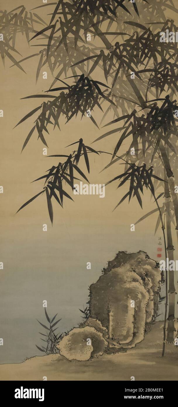 Yanagisawa Kien, Rock and Bamboo (Chikuseki zu), Giappone, periodo Edo (1615–1868), Yanagisawa Kien (giapponese, 1704–1758), 18th secolo, Giappone, rotolo sospeso; inchiostro e colore su seta, immagine: 44 5/16 × 21 1/4 in. (113,6 × 54 cm), Complessivo con montaggio: 79 1/8 × 26 9/16 in. (201 × 67,5 cm), Complessivo con manopole: 79 1/8 × 28 11/16 in. (201 × 72,9 cm), Dipinti Foto Stock