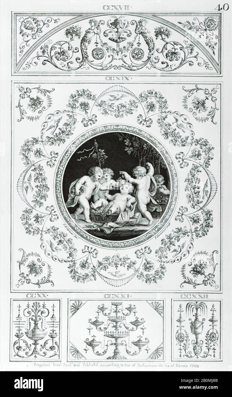 Francesco Bartolozzi, Bacchanal con Cinque Putti, Rondel In Cornice Rettangolare (in 'segni per Ornamenti Vari,' pl. 40), Francesco Bartolozzi (italiano, Firenze 1728–1815 Lisbona), Michelangelo Pergolesi (italiano, attivo dal 1760 – morto nel 1801), Dopo Giovanni Battista Cipriani (italiano, Firenze 1727–1785 Hammersmith (attivo a Londra)), 29 febbraio 1782, Incisione, piatto: 17 7/8 x 11 pollici. (45,4 x 27,9 cm Foto Stock