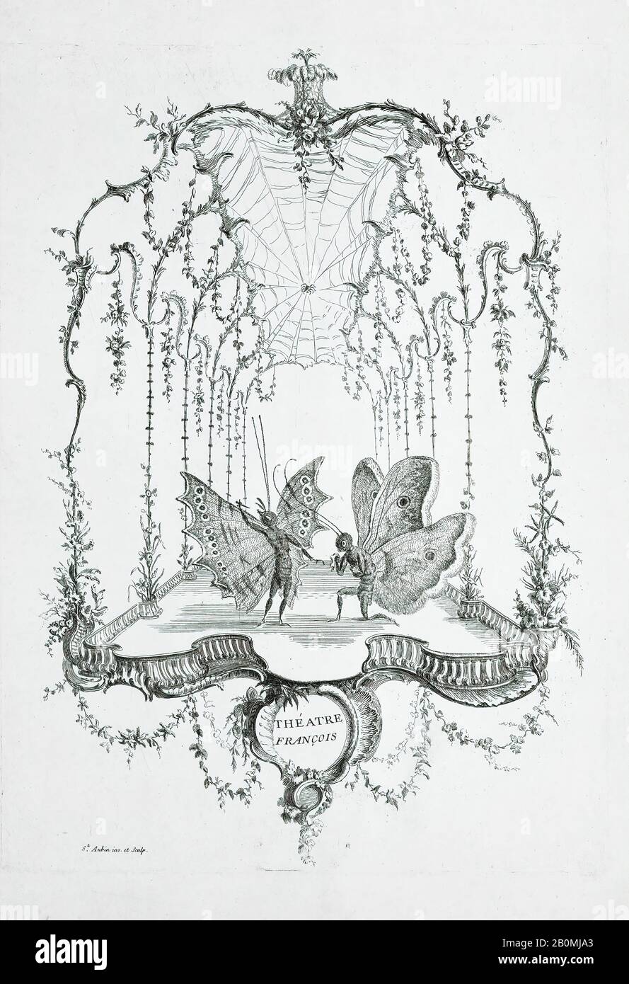 Charles Germain De Saint-Aubin, Teatro Francese (Théatre Français), Da Essai De Papilloneries Humaines Par Saint Aubin, Charles Germain De Saint-Aubin (Francese, Parigi 1721-1786), Ca. 1756–60, Attacco; primo stato di due, piastra: 12 13/16 x 9 3/8 in. (32,5 x 23,8 cm), foglio: 15 1/2 x 10 13/16 in. (39,3 x 27,4 cm), stampe Foto Stock