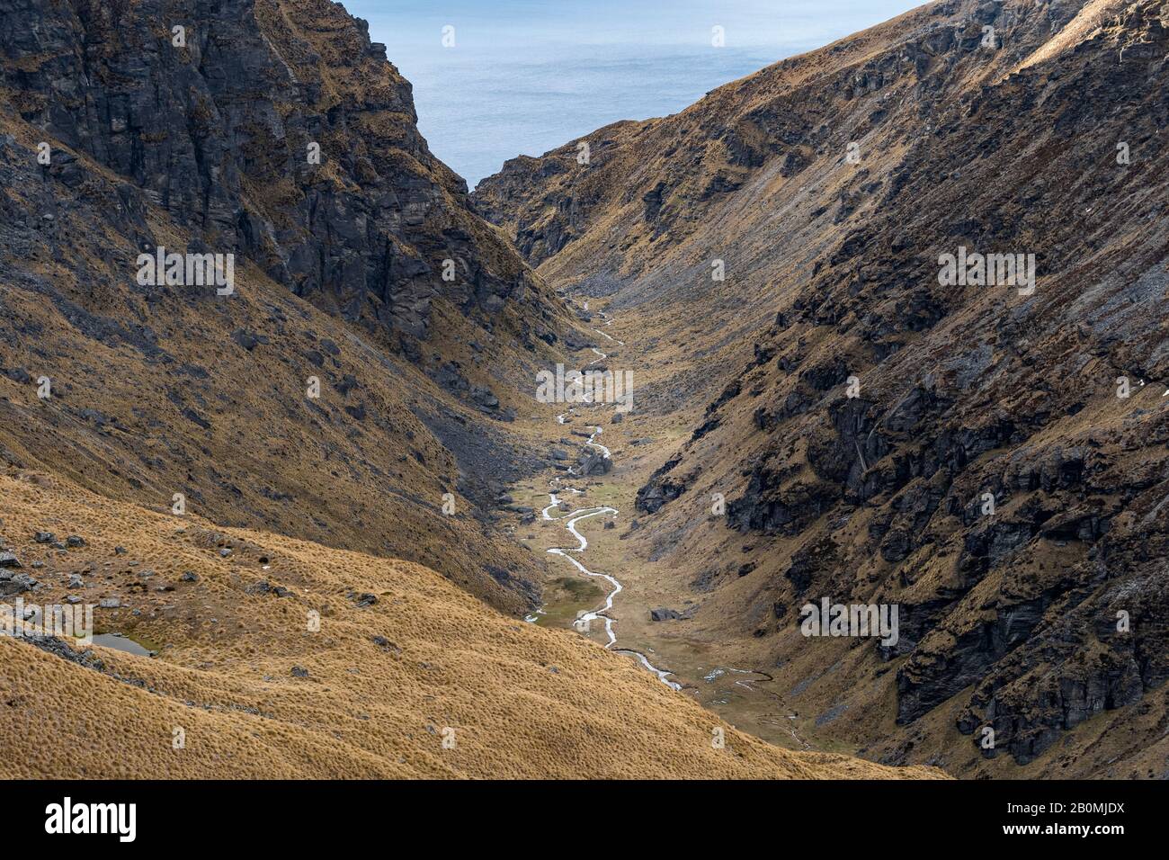 Frastagliata valle alpina con un torrente tortuoso, South Island Nuova Zelanda Foto Stock