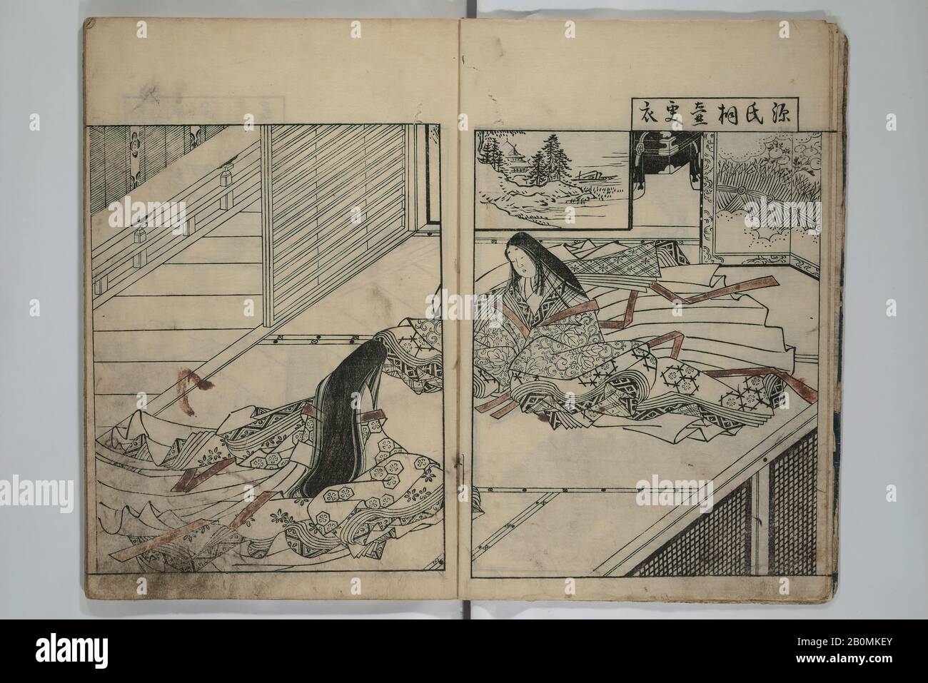 Nishikawa Sukenobu, Picture Book of the Evergreen (Ehon tokiwagusa), Giappone, periodo Edo (1615–1868), Nishikawa Sukenobu (giapponese, 1671–1750), 1731, Giappone, libro Stampato Su Blocchi Di Legno; inchiostro e colorazione a mano su carta, 10 3/4 × 7 1/2 in. (27,3 × 19 cm), Libri Illustrati Foto Stock