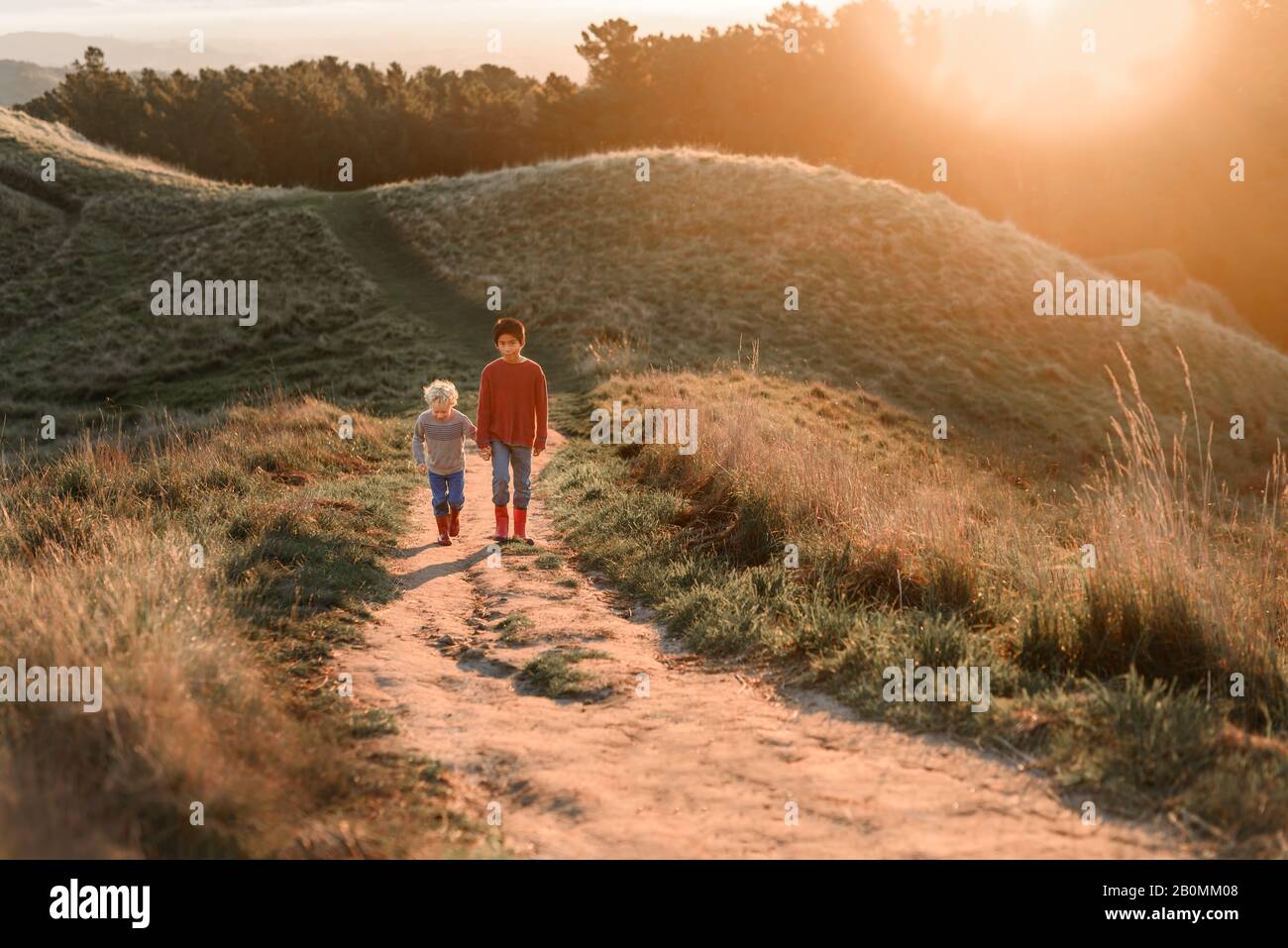 I fratelli camminano sul sentiero in Nuova Zelanda tenendo le mani Foto Stock