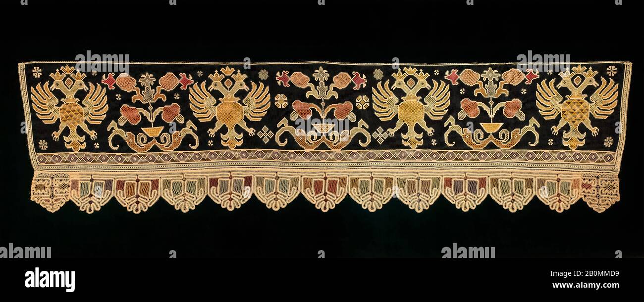 Bordo della tenda del letto, russo, inizio 19th secolo, russo, lino, seta, 78 poll. (198,1 cm), Textiles-Laces Foto Stock
