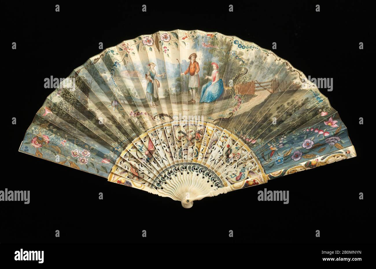 Fan, francese, 1715–25, francese, avorio, pergamena, gouache, vernice Foto Stock
