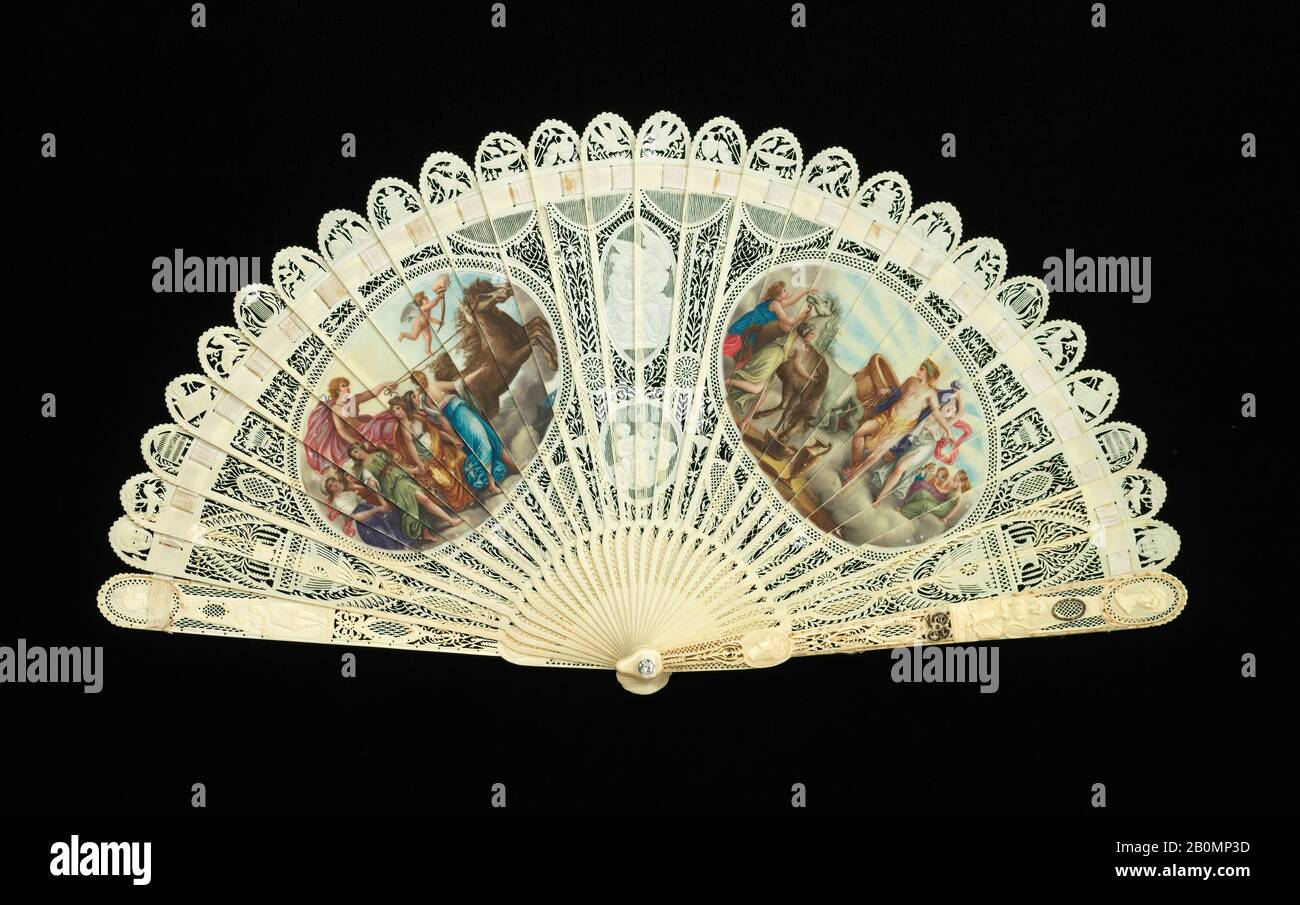 Brisé FAN, francese, 1800–1810, francese, avorio, metallo, vernice ad olio Foto Stock