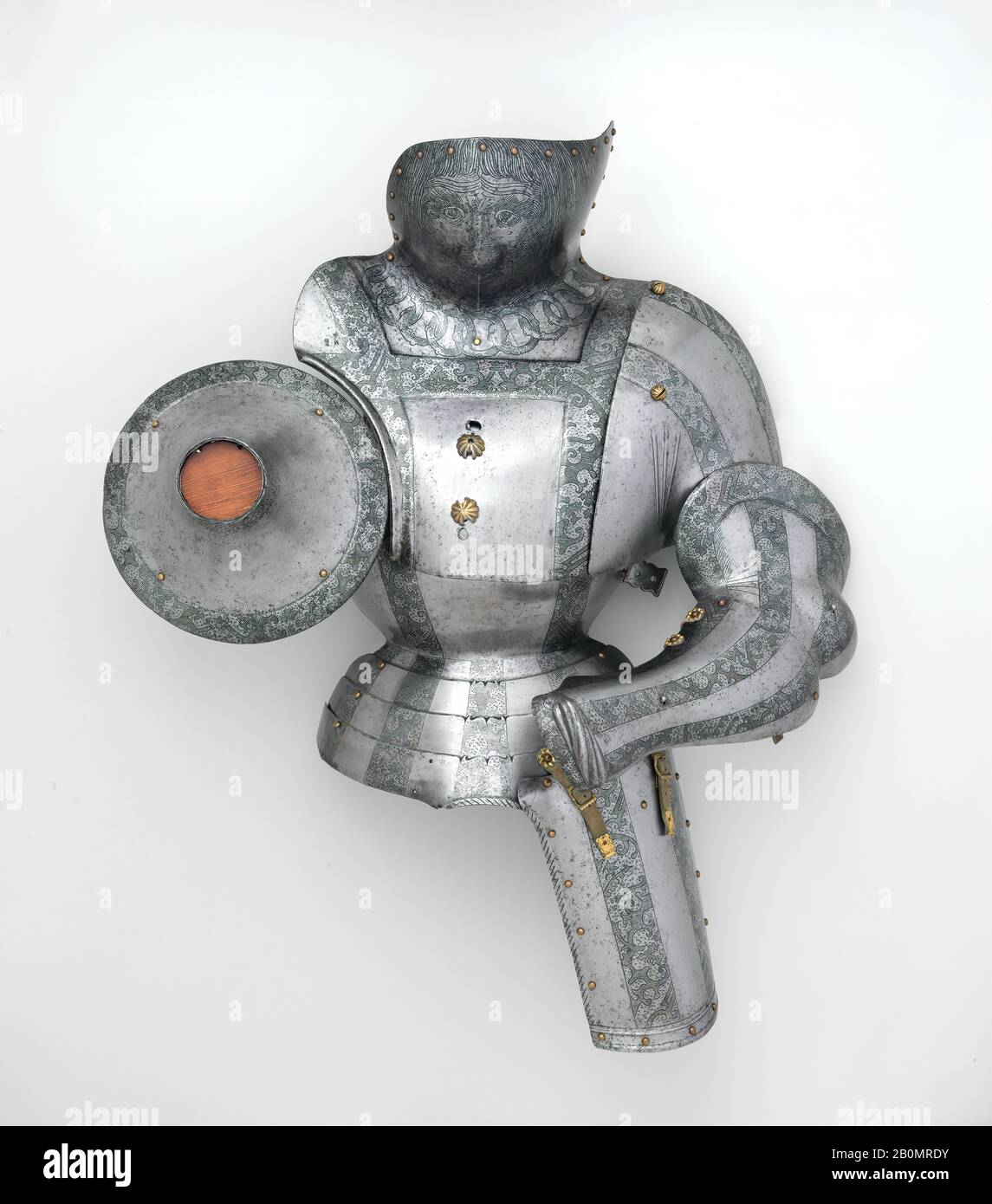 Casco e pezzi di rinforzo attribuiti a Kolman Helmschmid, Half Armor, tedesco, Augsburg, ca. 1510–20 e versioni successive, Augusta, tedesco, Augusta, acciaio, montato, H. 37" (94 cm), armatura per l'armatura Man-1/2 Foto Stock