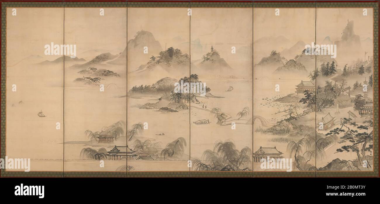 Kusumi Morikage, Vista Del Lago Ovest, Giappone, Periodo Edo (1615–1868), Kusumi Morikage (Ca. 1620–1690), a metà della fine del 17th secolo, Giappone, Coppia di schermi pieghevoli a sei pannelli; inchiostro e colore su carta, In Generale (.1): 68 3/4 x 146 3/8 in. (174,6 x 371,8 cm), Totale (.2): 69 x 146 3/8 in. (175,3 x 371,8 cm), Schermi Foto Stock