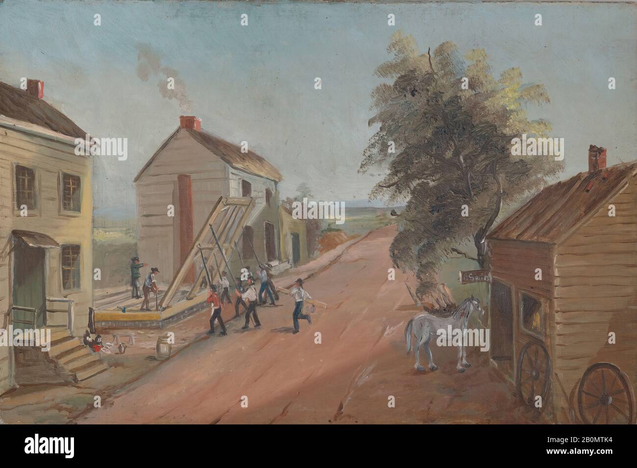 William P. Chappel, House Raising, American, William P. Chappel (americano, 1801–1878), 1870s, americano, olio su carta di ardesia, 6 1/8 x 9 1/4 in. (15,6 x 23,5 cm), Dipinti Foto Stock