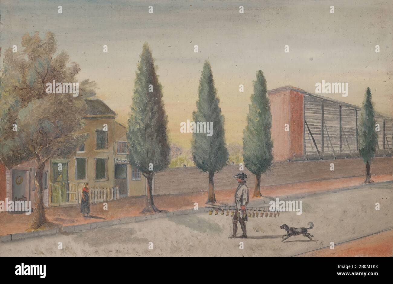 William P. Chappel, Strawberry Peddler, americano, William P. Chappel (americano, 1801–1878), 1870s, americano, olio su carta di ardesia, 6 1/8 x 9 1/4 in. (15,6 x 23,5 cm), Dipinti Foto Stock