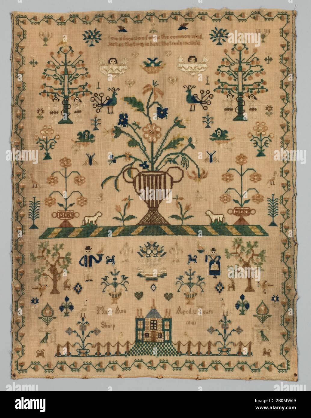 Campionatore, British, 1841, British, Silk on wool canvas, H. 16 1/2 x W. 12 3/4 pollici (41,9 x 32,4 cm), Textiles-Ricamato Foto Stock