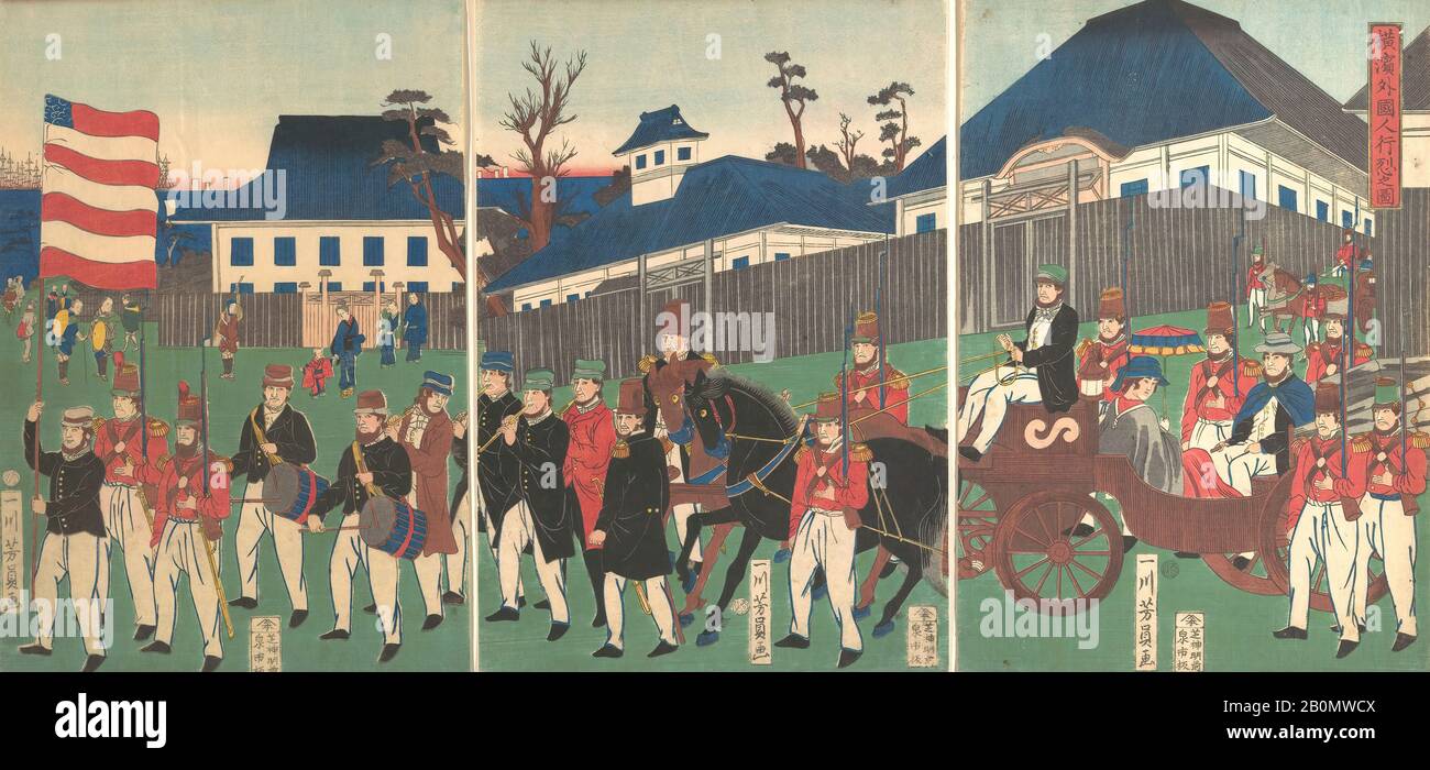Utagawa Yoshikazu, immagine di una Processione degli stranieri a Yokohama, Giappone, periodo Edo (1615–1868), Utagawa Yoshikazu (giapponese, ca attiva. 1850–1870), 2nd mese, 1861, Giappone, Trittico di stampe policrome in legno; inchiostro e colore su carta, immagine (a): 14 1/4 x 9 3/4 in. (36,2 x 24,8 cm), immagine (b): 14 1/4 x 9 3/4 in. (36,2 x 24,8 cm), immagine (c): 14 1/4 x 9 3/4 in. (36,2 x 24,8 cm), stampe Foto Stock