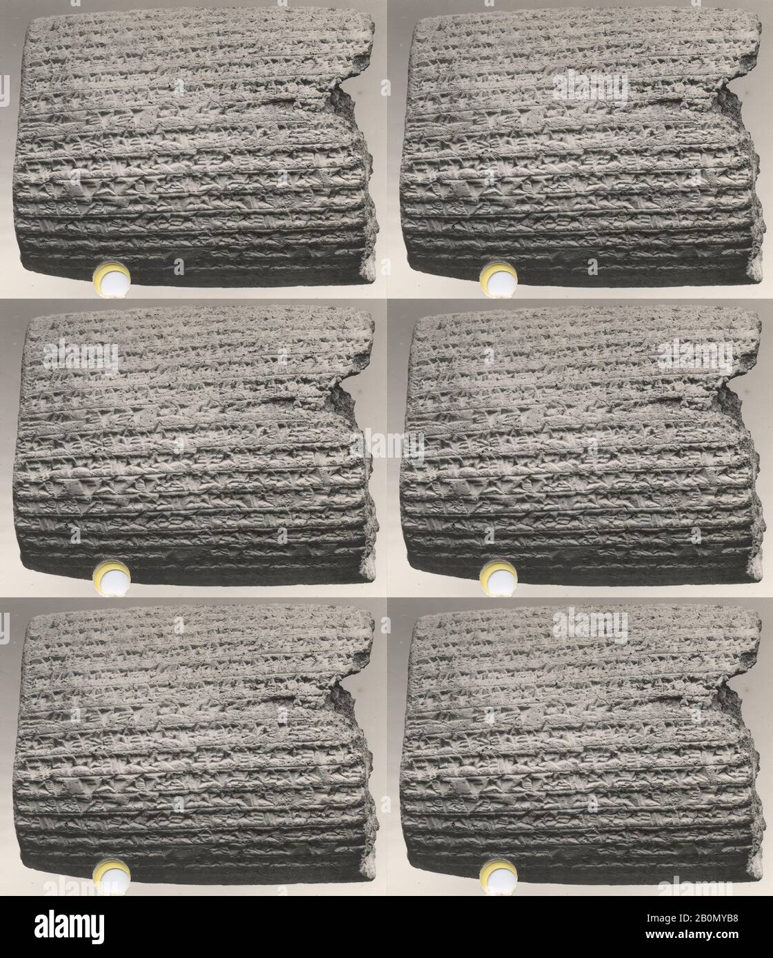 Cilindro cuneiforme: Iscrizione di Nebukadnetsar II che descrive restauri a Babilonia, Babilonia, Babilonia, Neo-Babilonia, Data ca. 604–562 a.C., Mesopotamia, Babilonia (?), Babilonia, Babilonia, argilla, 4,75 x 3,75 pollici. (12,2 x 9,6 cm), Clay-Tablets-Inscritto Foto Stock