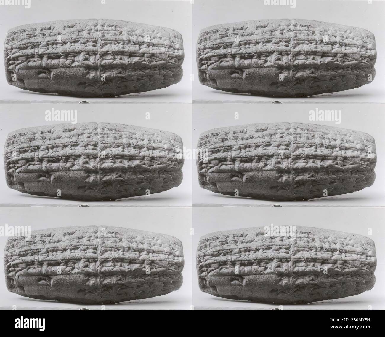 Cilindro cuneiforme con iscrizione di Nebukadnetsar II che descrive la ricostruzione del tempio della dea madre Ninmah/Belet-ili a Babilonia, Babylonian, Neo-Babylonian, Data ca. 604–562 a.C., Mesopotamia, Babilonia (?) (moderna Hillah), Babilonia, argilla, 4 x 1,75 x 1,91 pollici. (10,2 x 4,5 x 4,85 cm), Con Iscrizione Clay-Tablets Foto Stock
