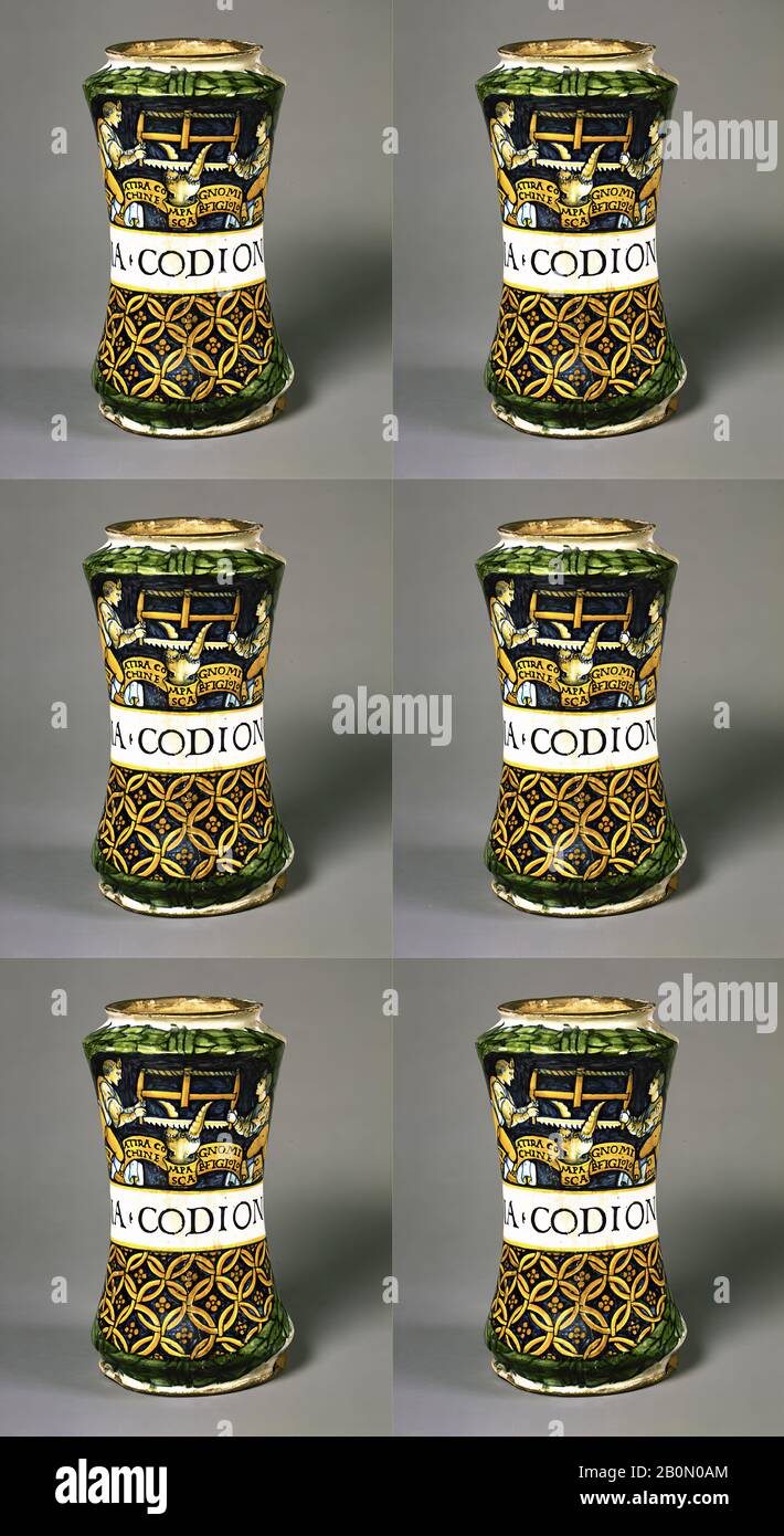 Vaso farmacia (albarello), italiano, Deruta, ca. 1505–10, Italiano, Deruta, maiolica (terracotta smaltata in stagno), H. 8 3/4 in. (22,3 cm), ceramica-ceramica Foto Stock