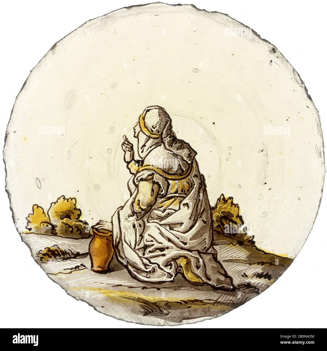 Saint Mary Magdalene, possibilmente olandese, 17th–18th secolo, forse olandese, vetro Incolore, macchia d'argento, e vernice vetrosa, Diametro: 5 poll. (12,7 cm), Con Vetro Colorato Foto Stock