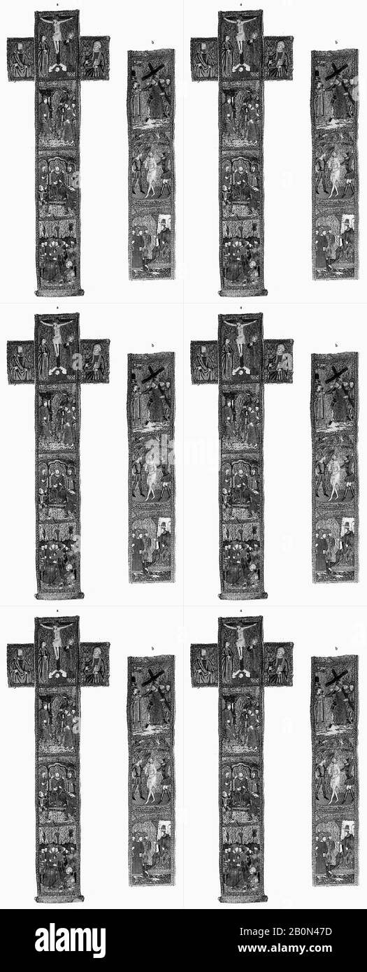 Orphreys, Due, italiano, 15th secolo, italiano, filo di seta e metallo, Nel Complesso (a): 42 1/2 × 15 in. (108 × 38,1 cm), Totale (b): 32 × 7" (81,3 × 17,8 cm), tessile-Ricamato Foto Stock