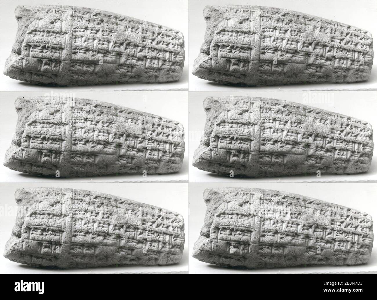 Cilindro cuneiforme: Iscrizione di Nebuchadnezzar II che descrive il suo lavoro su Ebabbar, il tempio del dio-sole Shamash a Sippar, Babylonian, Neo-Babylonian, Data ca. 604–562 a.C., Mesopotamia, probabilmente da Sippar (moderna Tell Abu Habba), Babylonian, Clay, 2 x 4,13 x 1,12 pollici. (5,08 x 10,46 x 2,85 cm), Clay-Tablets-Inscritto Foto Stock