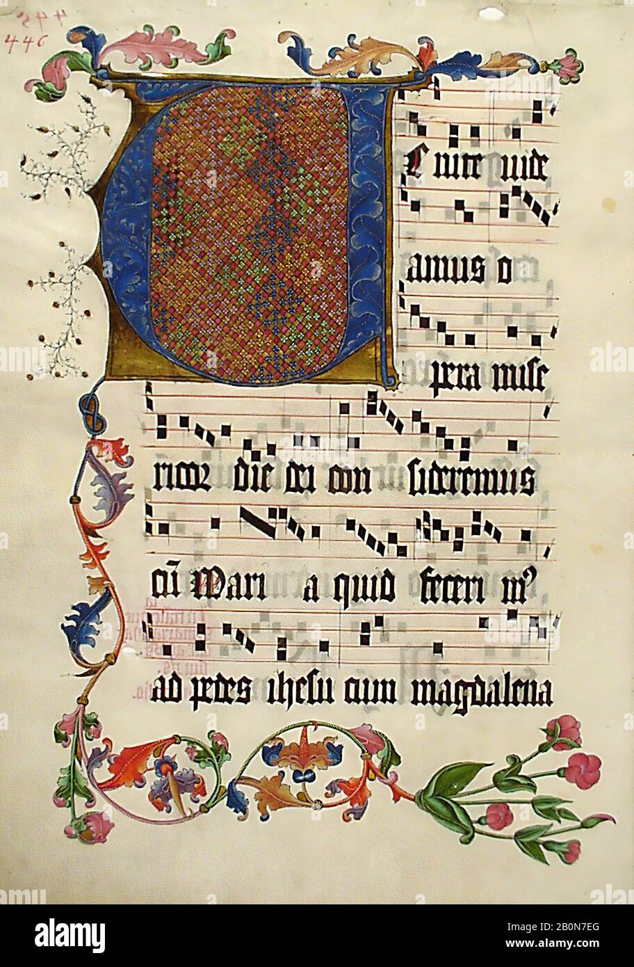 Manoscritto foglia con la V Iniziale, da un Antifonario, tedesco, ca. 1425–50, Prodotto a Magonza, Germania, Germania, Tempera, inchiostro e foglia metallica su pergamena, Totale: 18 15/16 x 14 1/8 in. (48,1 x 35,9 cm), Iniziale: 6 5/16 x 6 5/16 in. (16 x 16 cm), dimensioni del tappetino: 27 15/16 x 21 15/16 in. (71 x 55,8 cm), manoscritti e illuminazioni Foto Stock