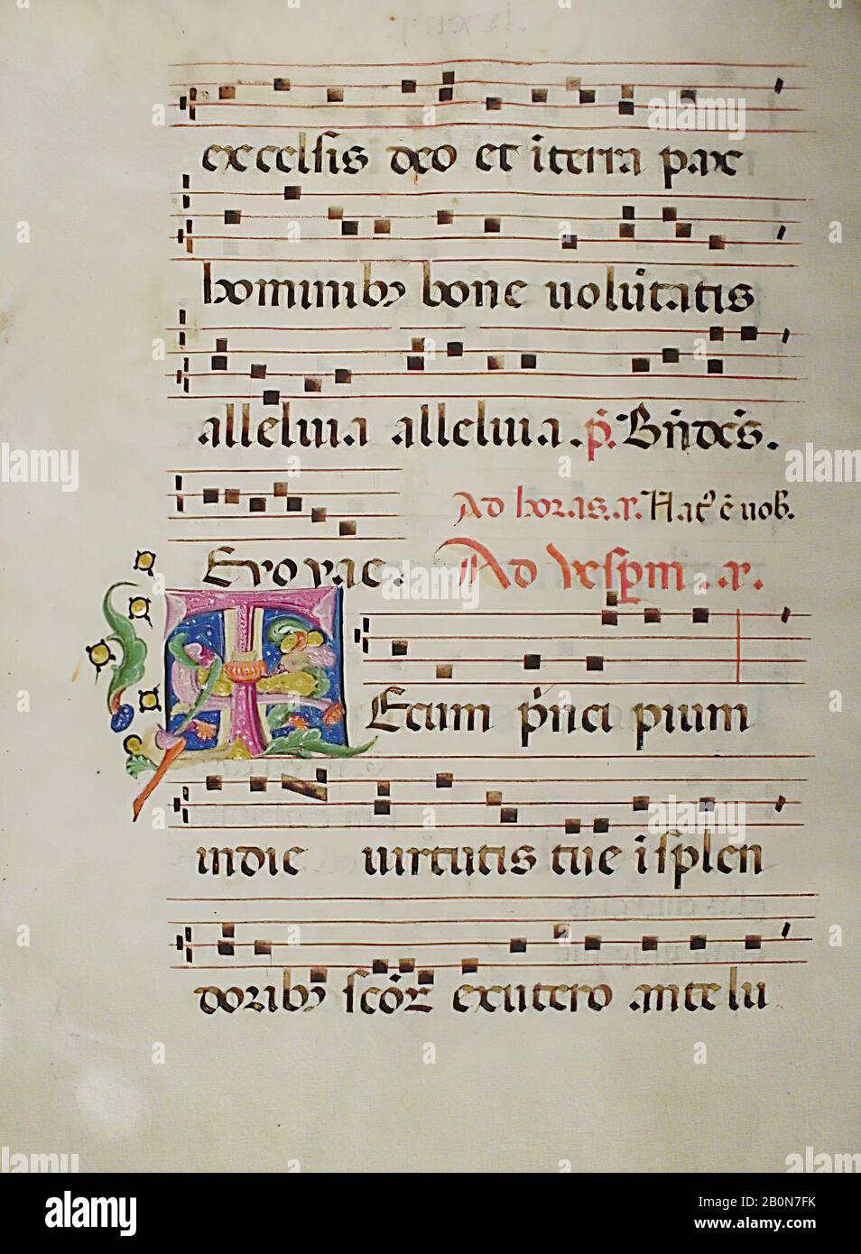 Foglia manoscritta con T Iniziale, da un Antifonario, italiano, 15th secolo, italiano, Tempera, inchiostro, e foglia metallica su pergamena, 20 3/16 x 15 3/16 in. (51,3 x 38,5 cm), manoscritti e illuminazioni Foto Stock