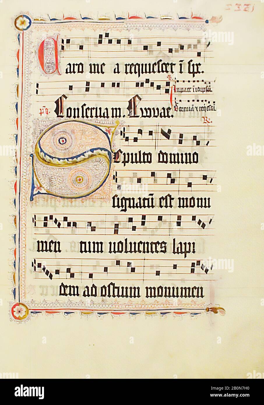 Manoscritto foglia con S Iniziale, da un Antifonario, tedesco, secondo quarto 15th secolo, Fatto probabilmente a Magonza, tedesco, tedesco, Tempera, inchiostro, e foglia di metallo su pergamena, 18 15/16 x 14 pollici. (48,1 x 35,6 cm), manoscritti e illuminazioni Foto Stock