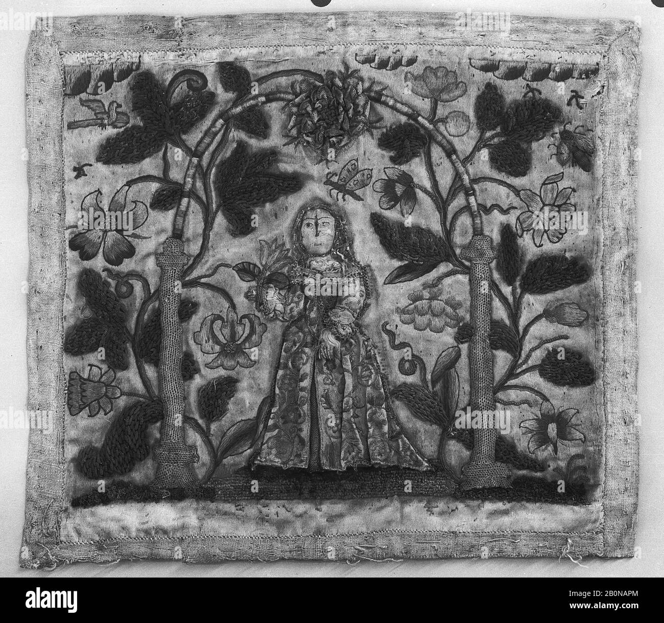 Immagine con ricamo di zucca, British, seconda metà 17th secolo, British, seta e filo di metallo su seta, H. 10 x W. 11 pollici (25,4 x 27,9 cm), Textiles-Ricamato Foto Stock