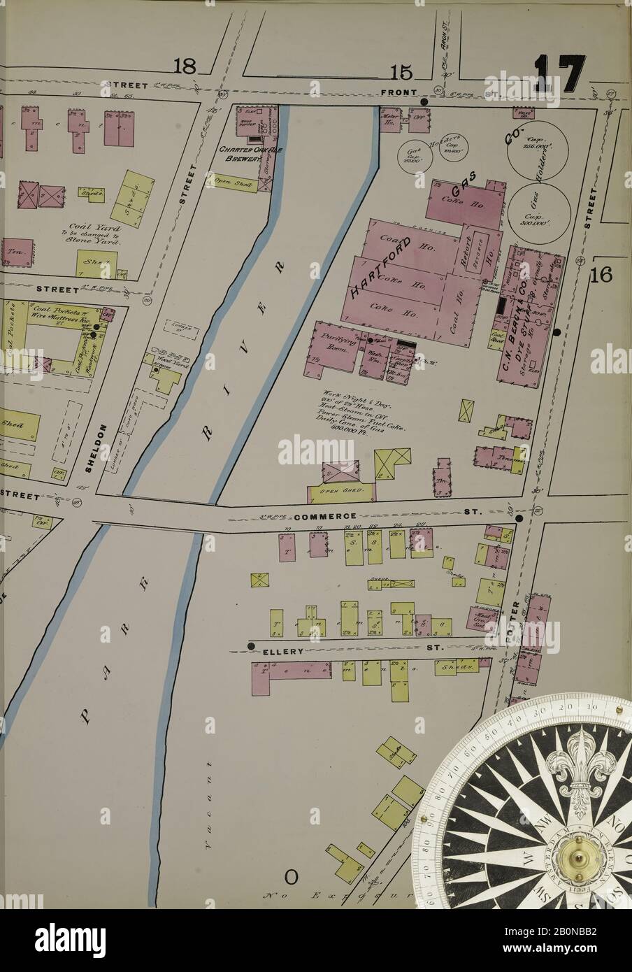 Immagine 36 Della Mappa Sanborn Fire Insurance Di Hartford, Hartford County, Connecticut. 1885. 43 fogli. Piastre doppie numerate da 1 a 20. Bound, America, mappa stradale con una bussola Del Xix Secolo Foto Stock