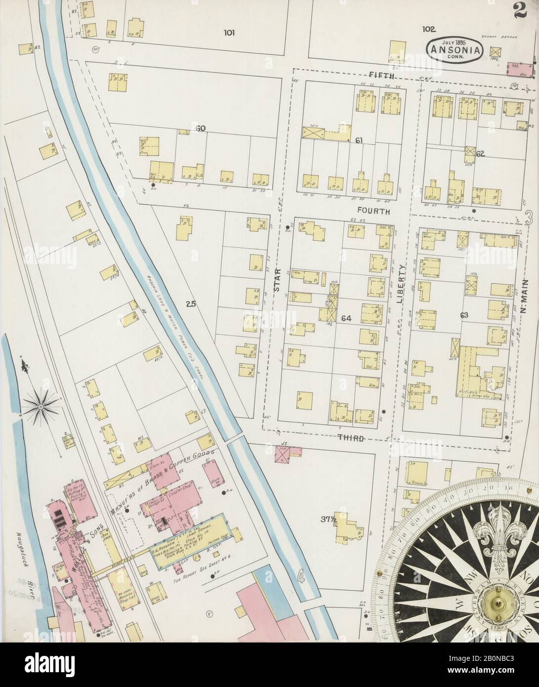 Immagine 2 Della Mappa Sanborn Fire Insurance Di Ansonia, New Haven County, Connecticut. Lug 1895. 15 fogli, America, mappa stradale con una bussola Del Xix Secolo Foto Stock