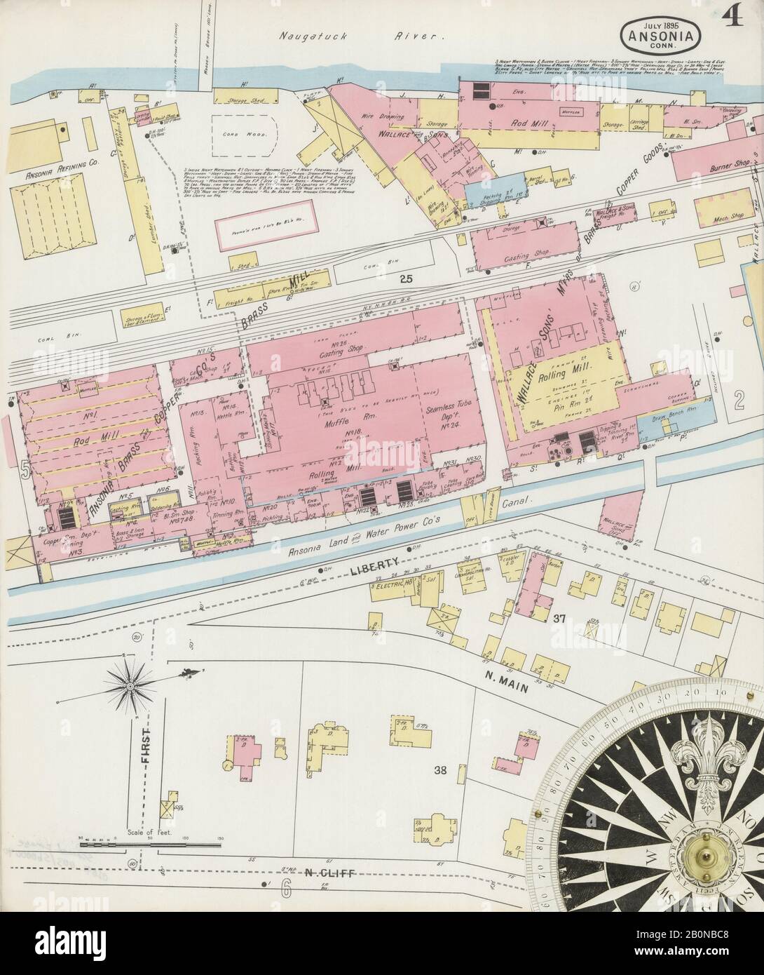 Immagine 4 Della Mappa Sanborn Fire Insurance Di Ansonia, New Haven County, Connecticut. Lug 1895. 15 fogli, America, mappa stradale con una bussola Del Xix Secolo Foto Stock