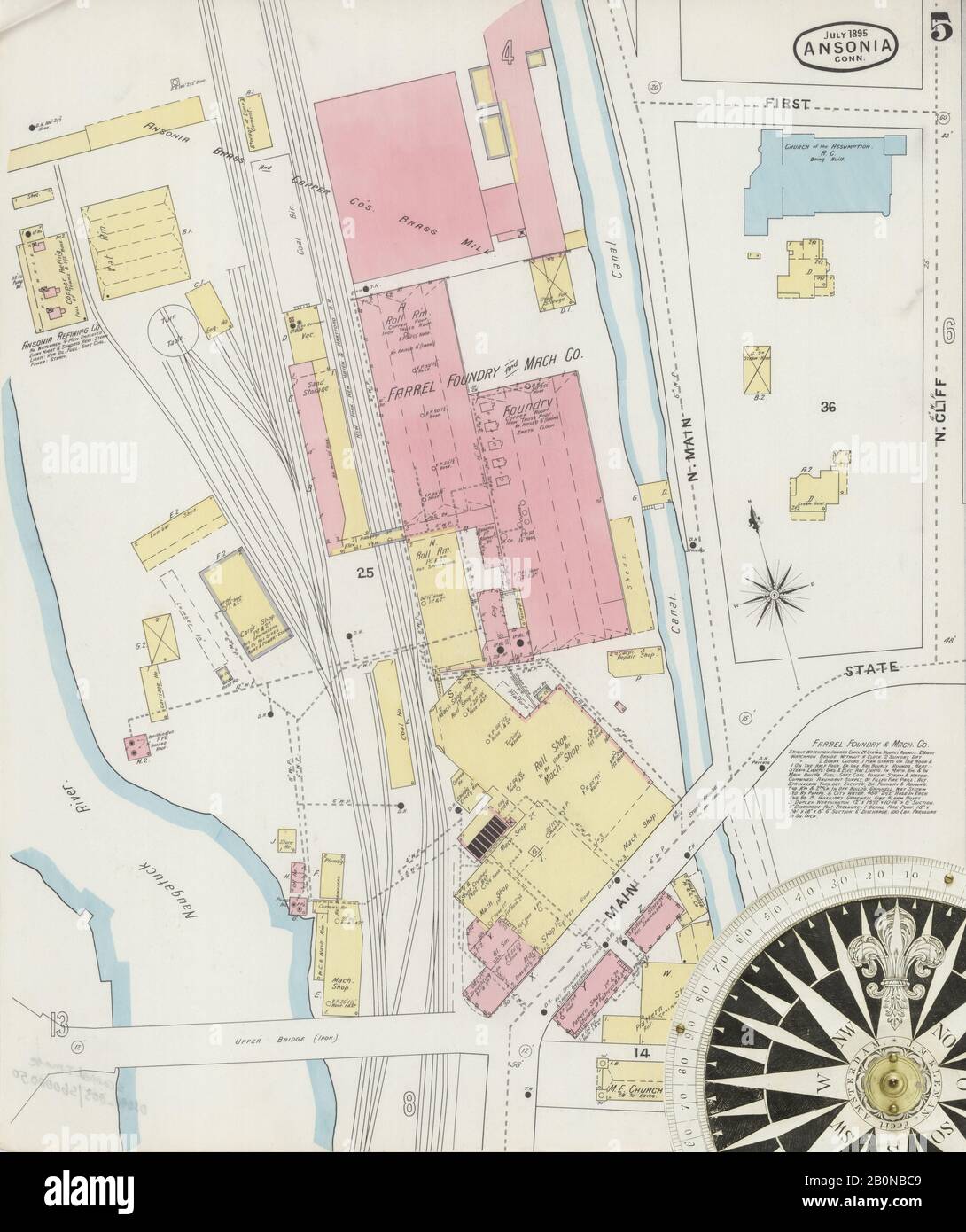Immagine 5 Della Mappa Sanborn Fire Insurance Di Ansonia, New Haven County, Connecticut. Lug 1895. 15 fogli, America, mappa stradale con una bussola Del Xix Secolo Foto Stock