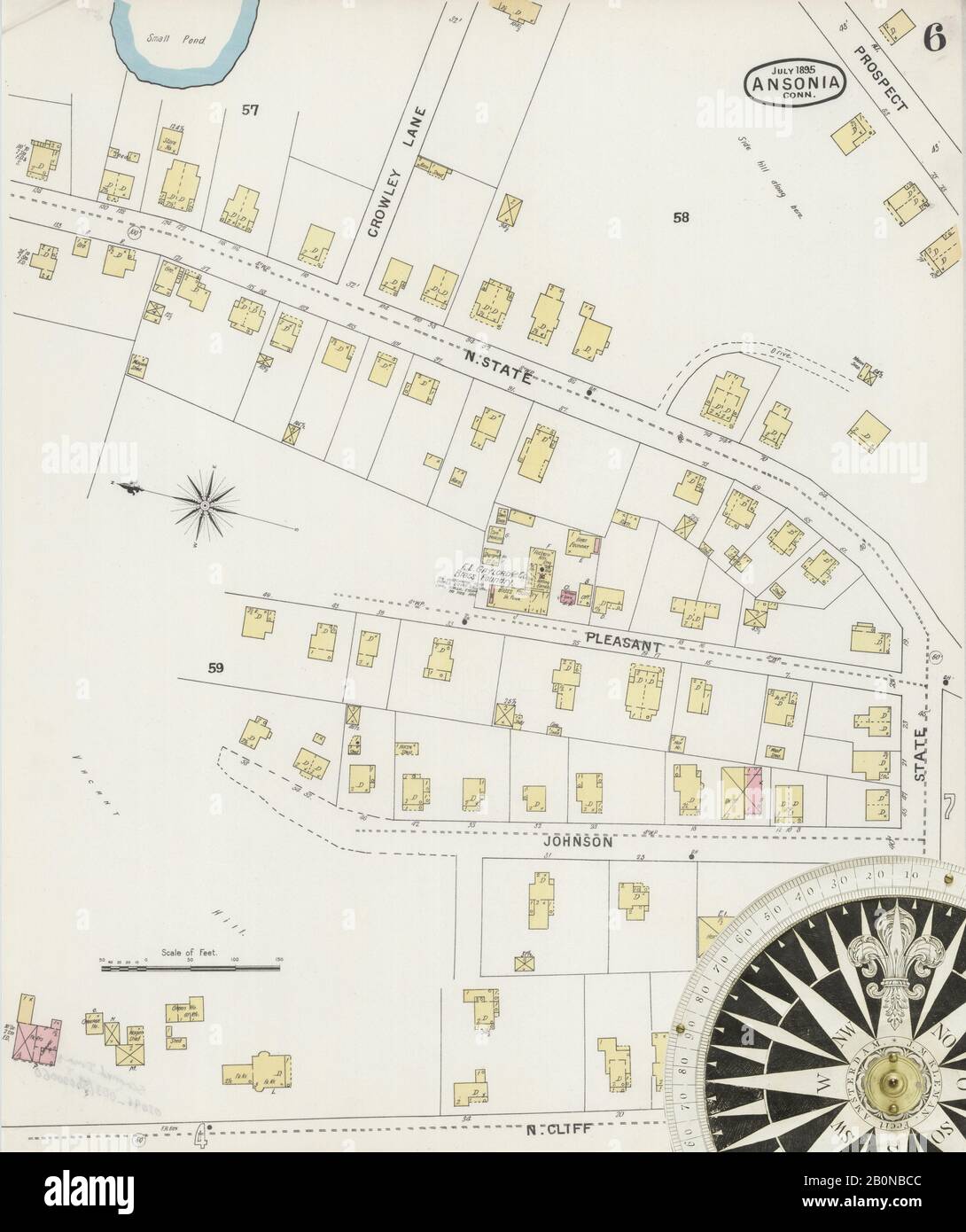 Immagine 6 Della Mappa Sanborn Fire Insurance Di Ansonia, New Haven County, Connecticut. Lug 1895. 15 fogli, America, mappa stradale con una bussola Del Xix Secolo Foto Stock