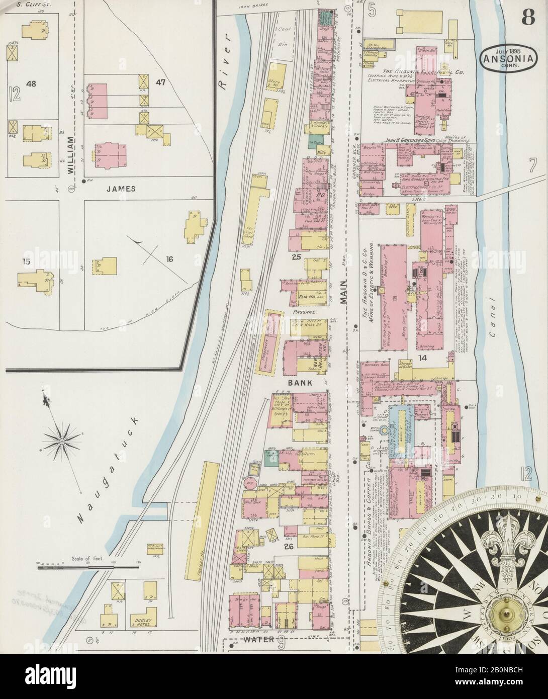 Immagine 8 Della Mappa Sanborn Fire Insurance Di Ansonia, New Haven County, Connecticut. Lug 1895. 15 fogli, America, mappa stradale con una bussola Del Xix Secolo Foto Stock