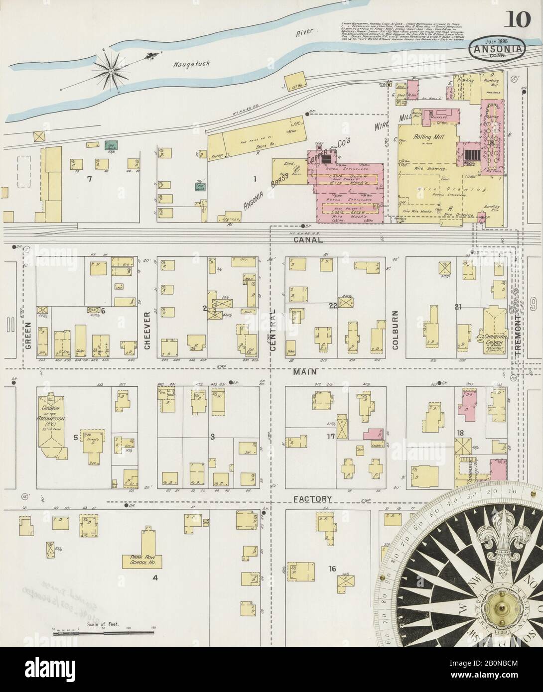 Immagine 10 Della Mappa Sanborn Fire Insurance Di Ansonia, New Haven County, Connecticut. Lug 1895. 15 fogli, America, mappa stradale con una bussola Del Xix Secolo Foto Stock