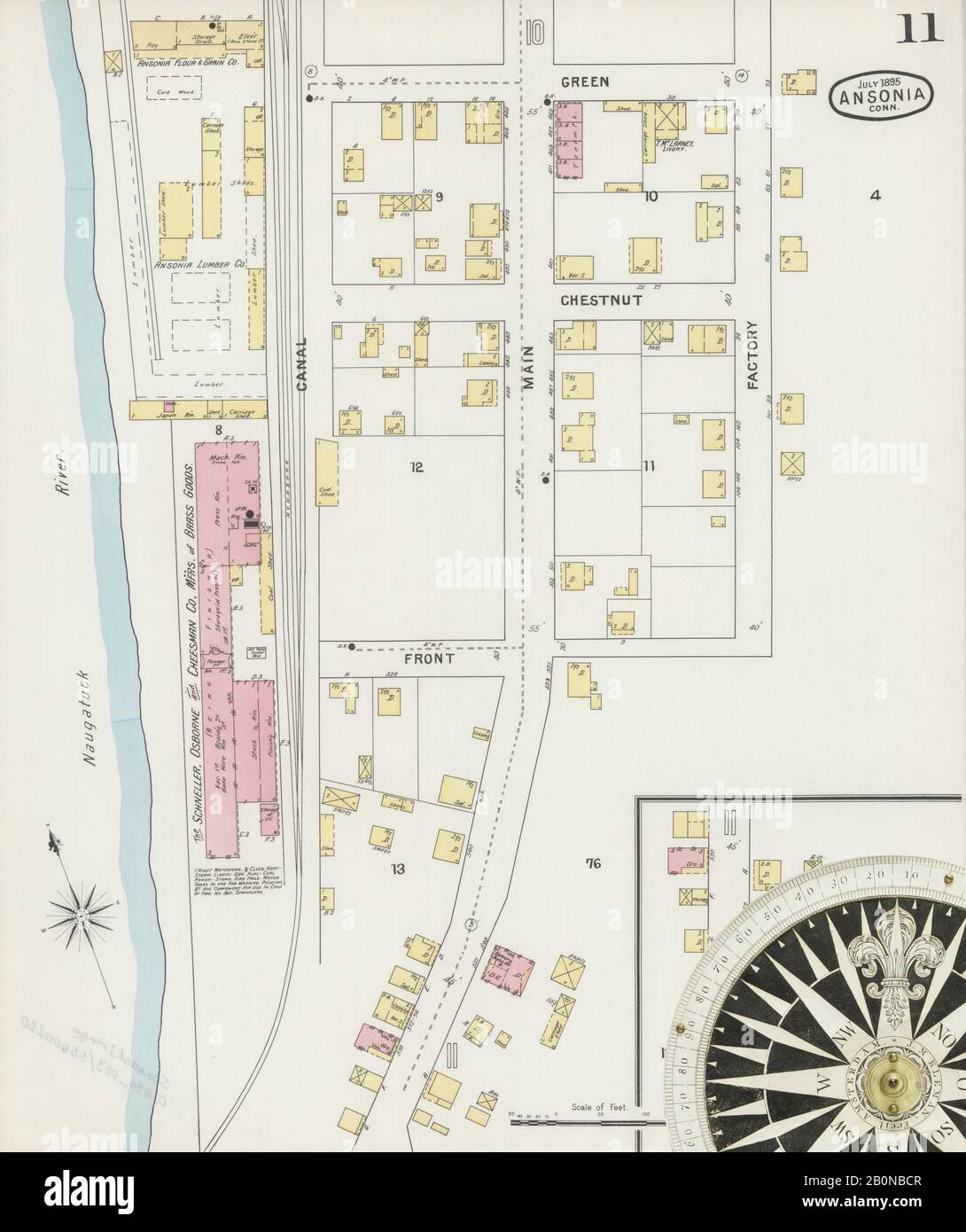 Immagine 11 Della Mappa Sanborn Fire Insurance Di Ansonia, New Haven County, Connecticut. Lug 1895. 15 fogli, America, mappa stradale con una bussola Del Xix Secolo Foto Stock