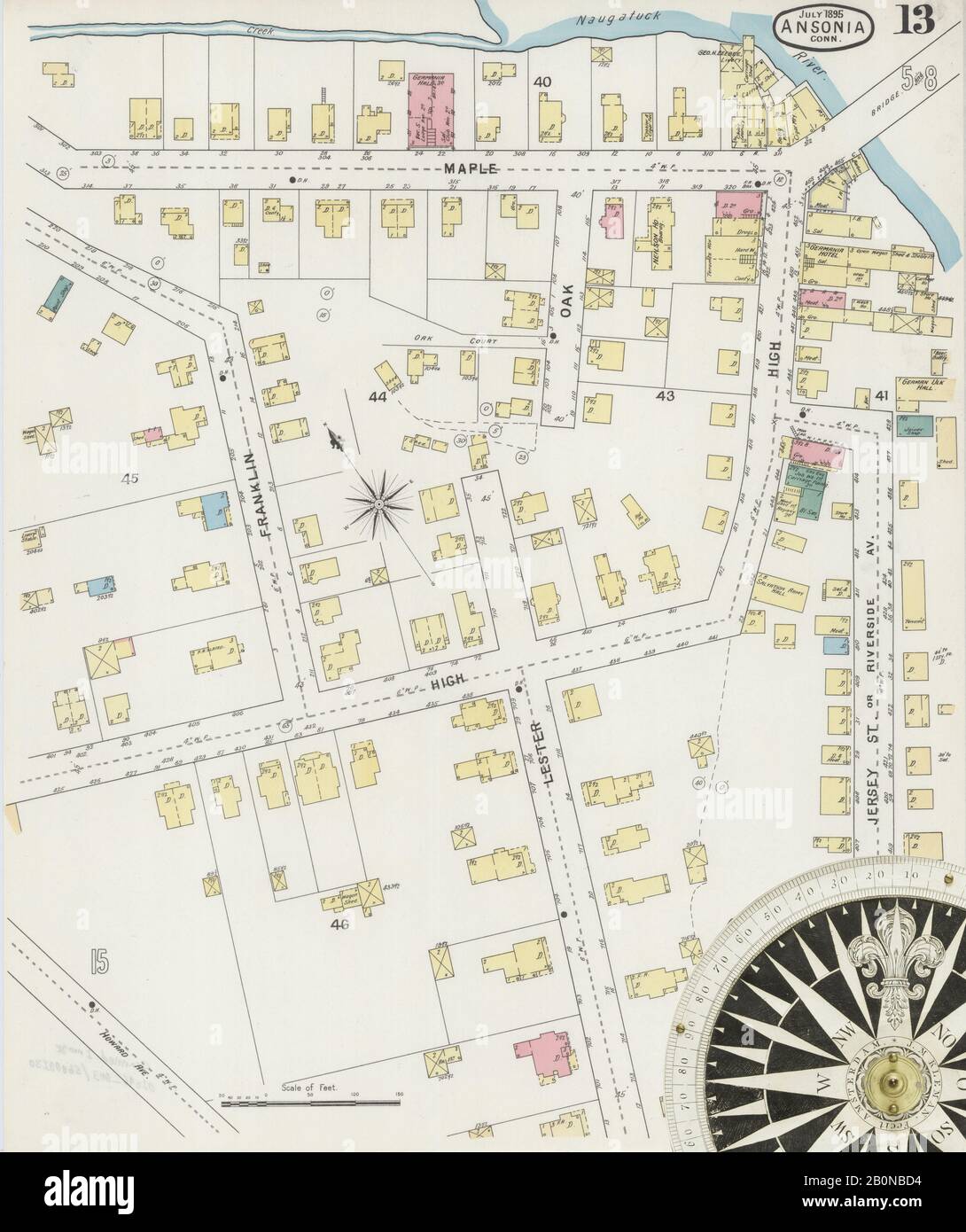 Immagine 13 Della Mappa Sanborn Fire Insurance Di Ansonia, New Haven County, Connecticut. Lug 1895. 15 fogli, America, mappa stradale con una bussola Del Xix Secolo Foto Stock
