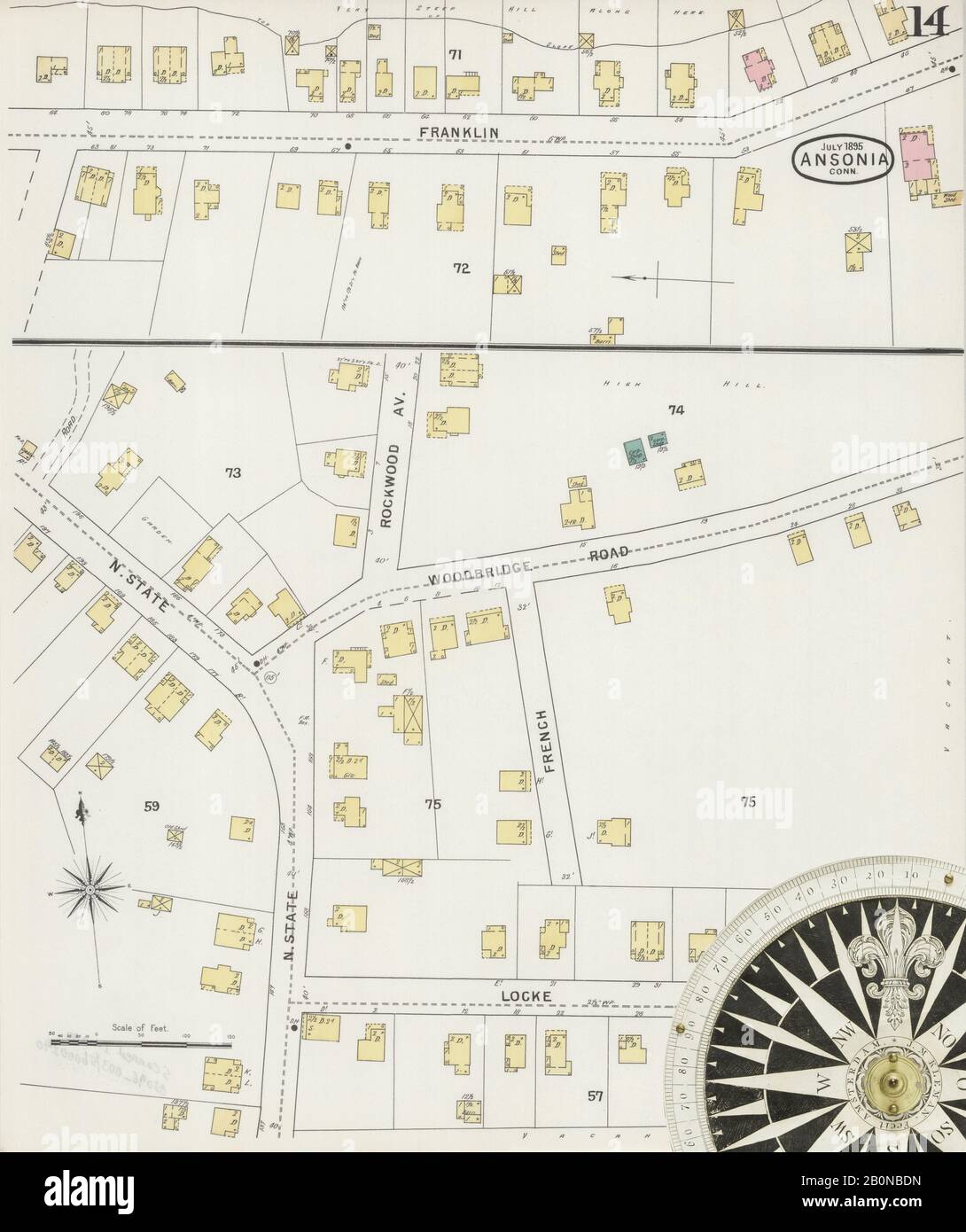 Immagine 14 Della Mappa Sanborn Fire Insurance Di Ansonia, New Haven County, Connecticut. Lug 1895. 15 fogli, America, mappa stradale con una bussola Del Xix Secolo Foto Stock