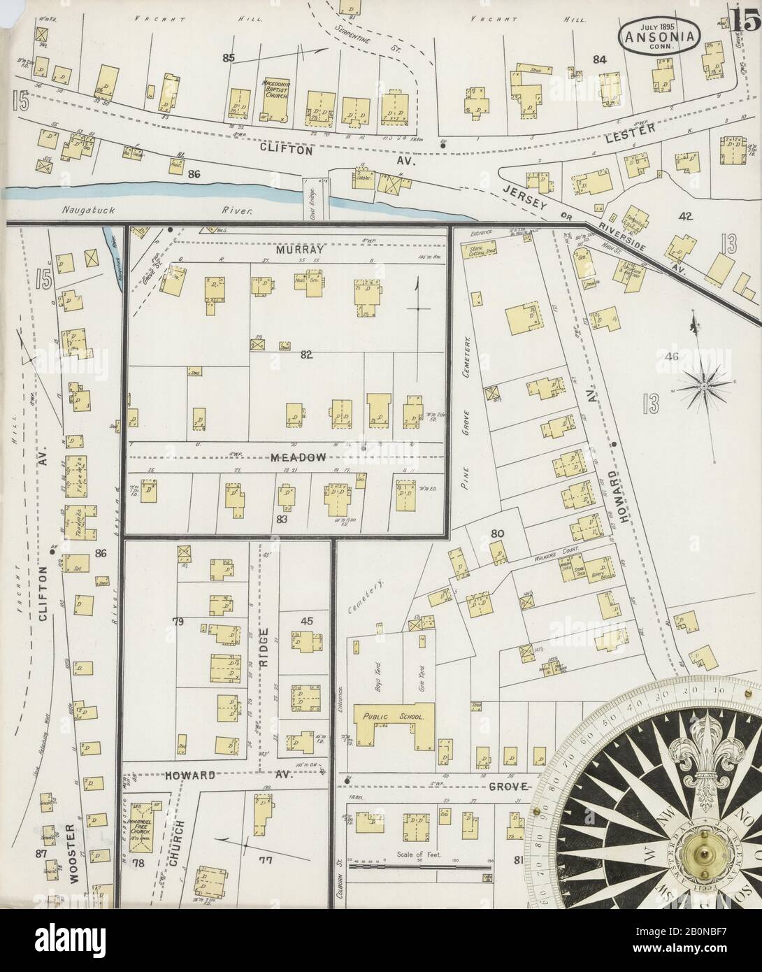 Immagine 15 Della Mappa Sanborn Fire Insurance Di Ansonia, New Haven County, Connecticut. Lug 1895. 15 fogli, America, mappa stradale con una bussola Del Xix Secolo Foto Stock