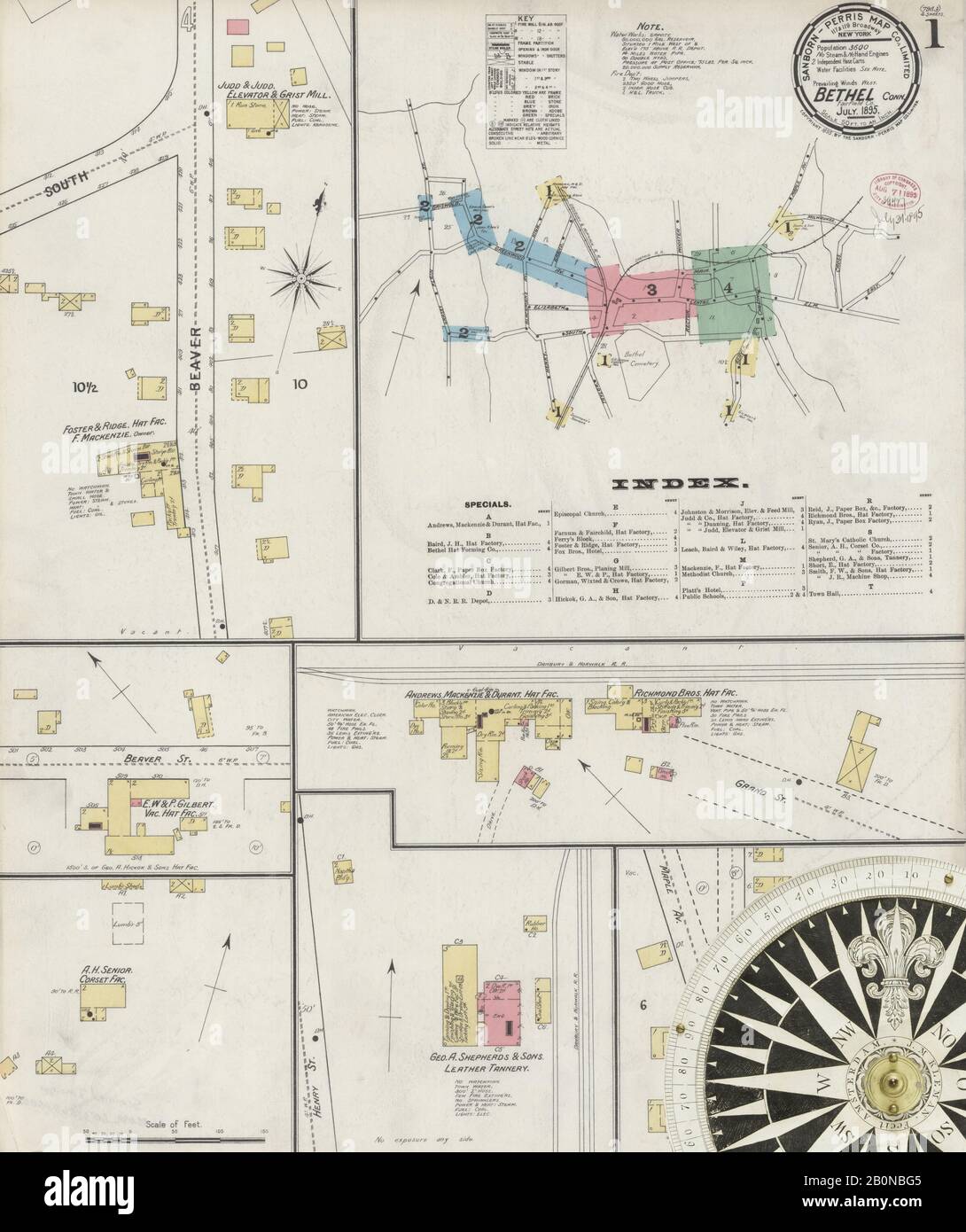 Immagine 1 Della Mappa Sanborn Fire Insurance Di Bethel, Fairfield County, Connecticut. Lug 1895. 4 fogli, America, mappa stradale con una bussola Del Xix Secolo Foto Stock