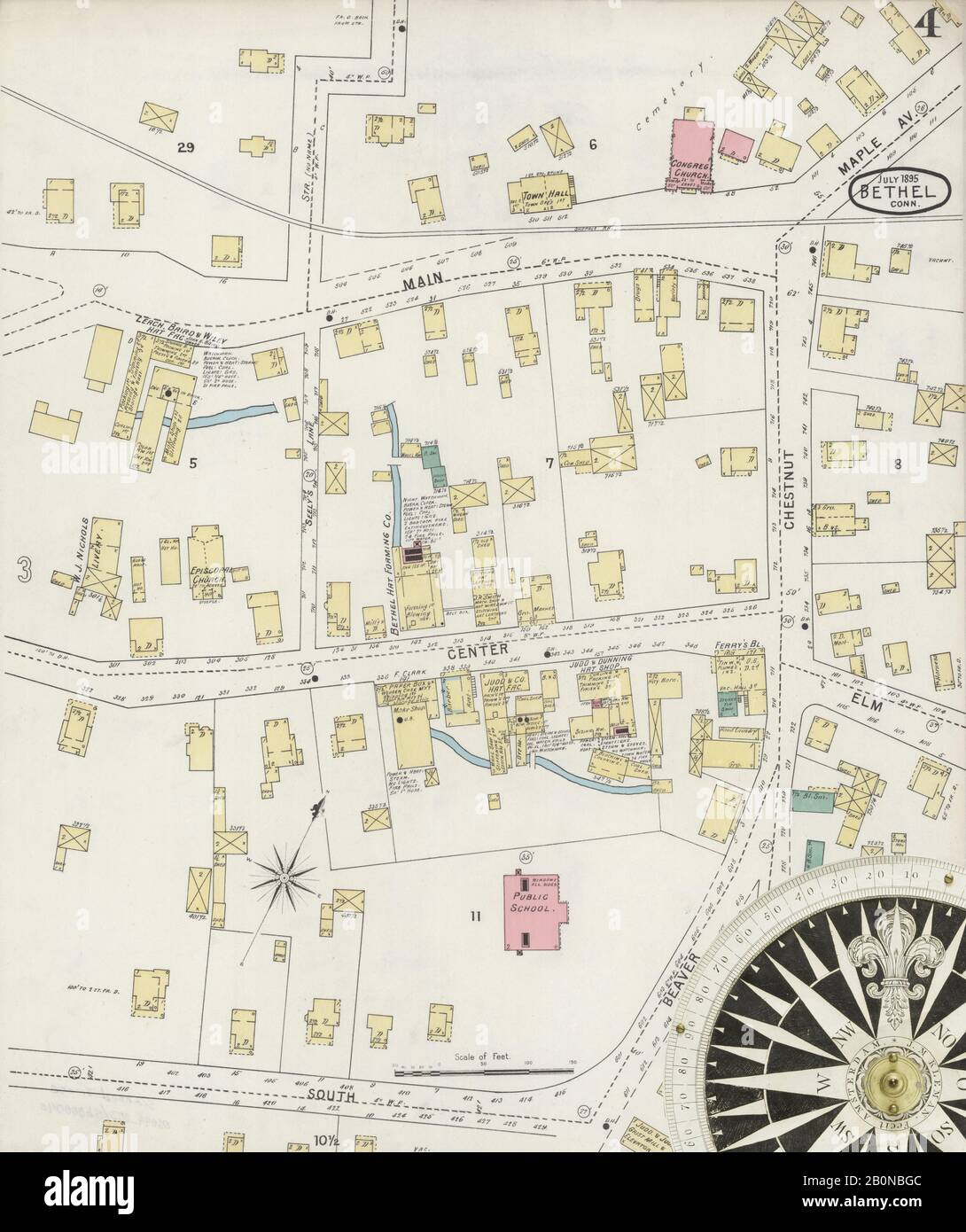 Immagine 4 Della Mappa Sanborn Fire Insurance Di Bethel, Fairfield County, Connecticut. Lug 1895. 4 fogli, America, mappa stradale con una bussola Del Xix Secolo Foto Stock