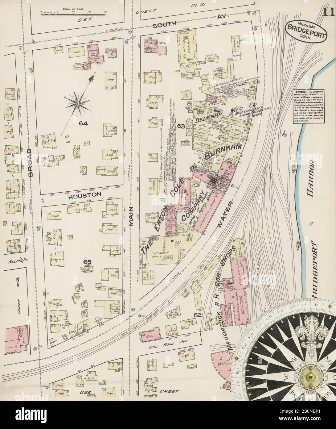 Immagine 11 Della Mappa Sanborn Fire Insurance Da Bridgeport, Fairfield County, Connecticut. Mar 1884. 20 fogli, America, mappa stradale con una bussola Del Xix Secolo Foto Stock