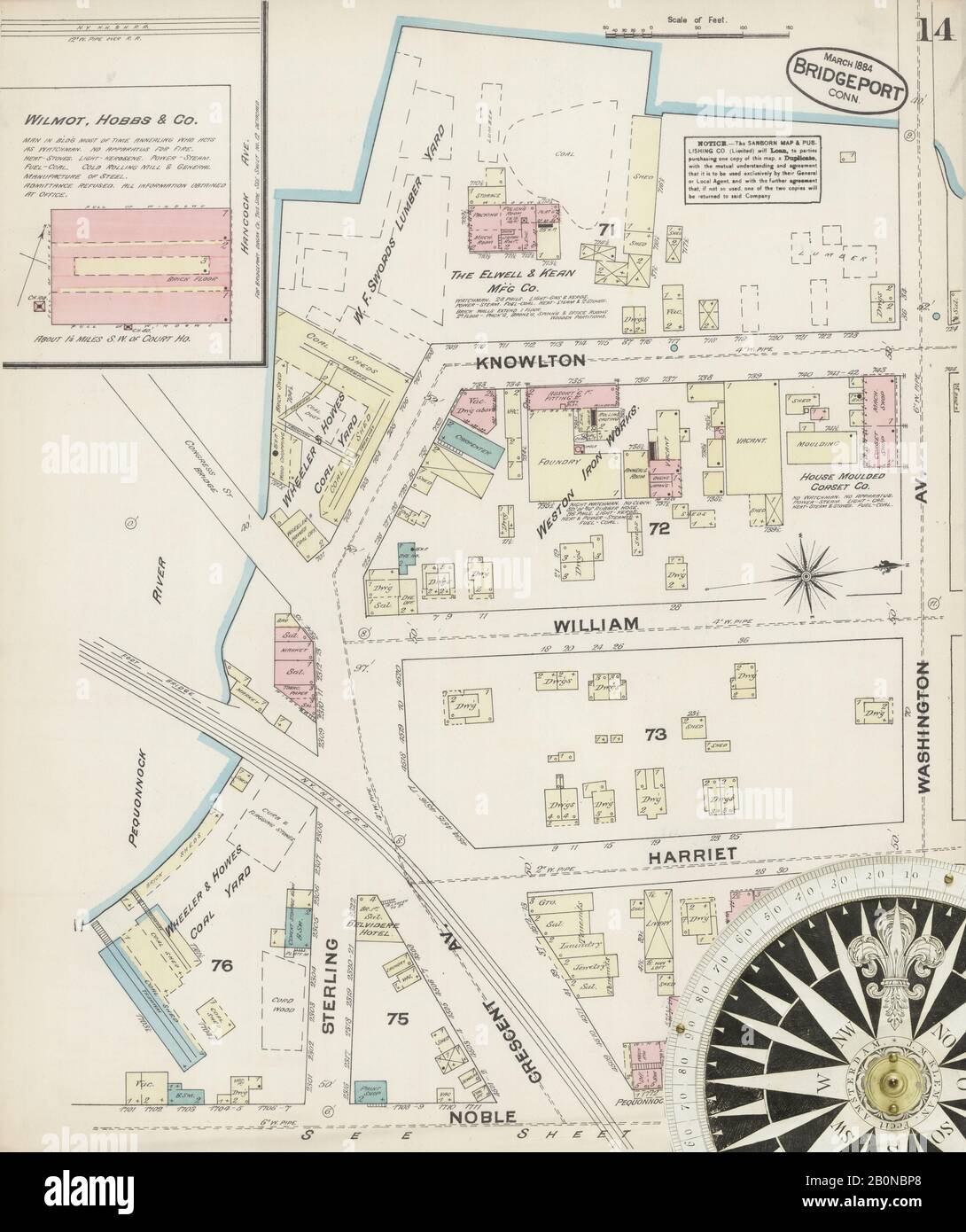 Immagine 14 Della Mappa Sanborn Fire Insurance Da Bridgeport, Fairfield County, Connecticut. Mar 1884. 20 fogli, America, mappa stradale con una bussola Del Xix Secolo Foto Stock