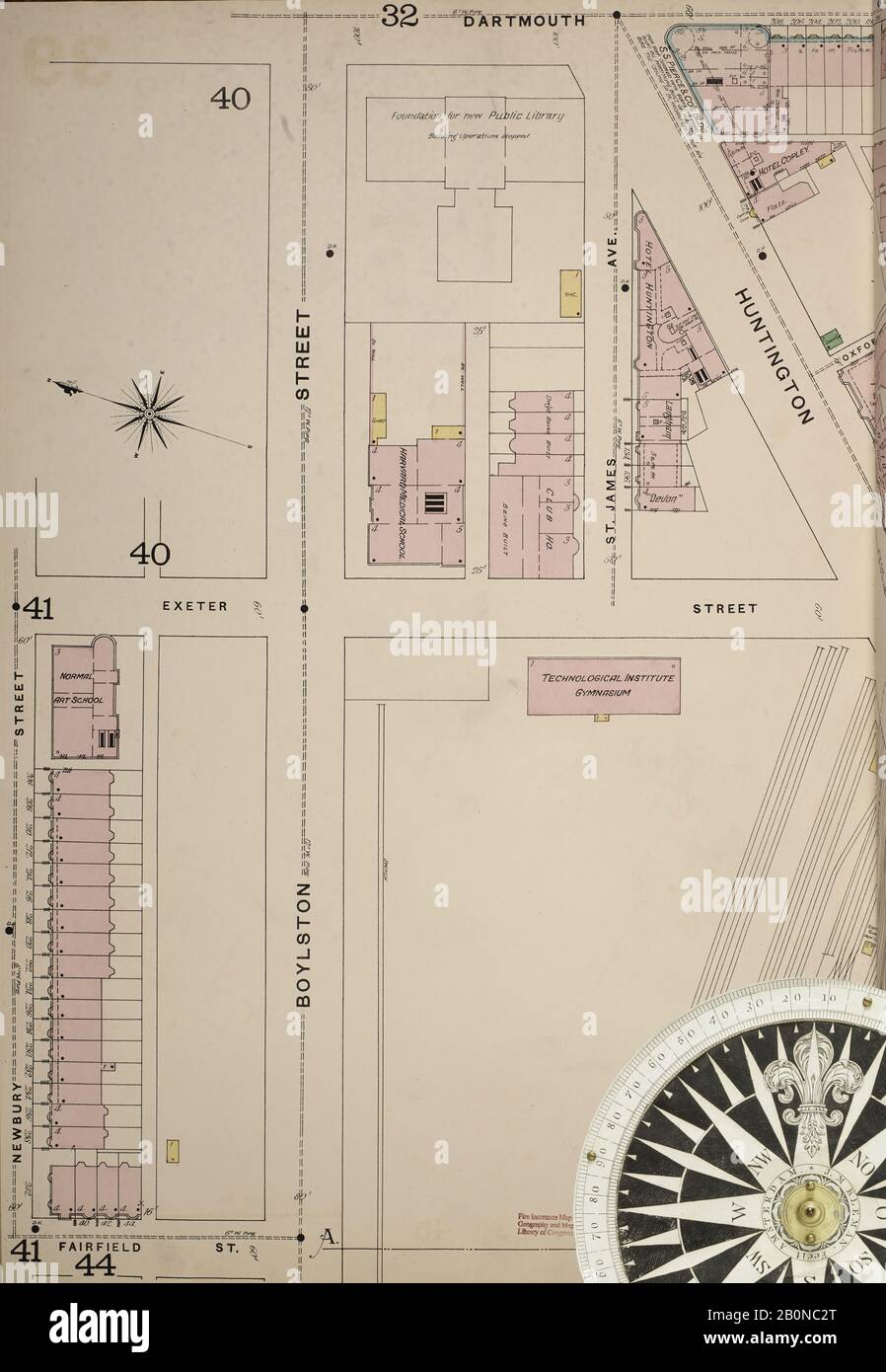 Immagine 23 Della Mappa Sanborn Fire Insurance Di Boston, Contea Di Suffolk, Massachusetts. Vol. 2, 1887. 64 fogli. Piastre doppie numerate 29-59. Bound, America, mappa stradale con una bussola Del Xix Secolo Foto Stock