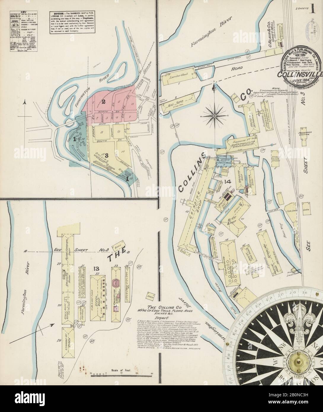 Immagine 1 Della Mappa Sanborn Fire Insurance Di Collinsville, Hartford County, Connecticut. Giu 1884. 3 fogli, America, mappa stradale con una bussola Del Xix Secolo Foto Stock