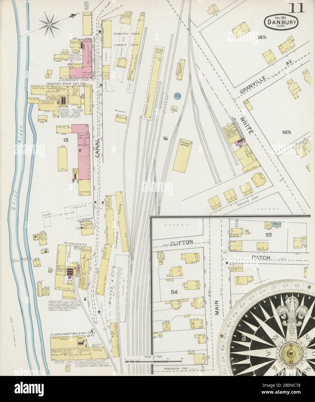 Immagine 11 Della Mappa Sanborn Fire Insurance Di Danbury, Fairfield County, Connecticut. Nov 1892. 13 fogli, America, mappa stradale con una bussola Del Xix Secolo Foto Stock