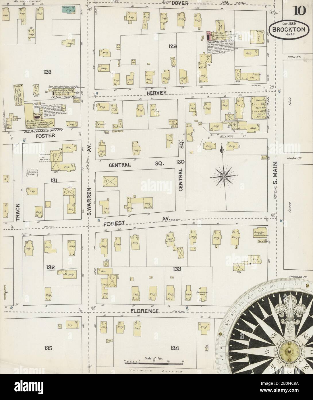 Immagine 10 Della Mappa Sanborn Fire Insurance Di Brockton, Plymouth County, Massachusetts. Ott 1889. 31 foglio(i), America, mappa stradale con una bussola Ottocentesca Foto Stock