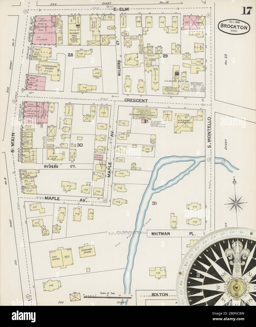 Immagine 17 Della Mappa Sanborn Fire Insurance Di Brockton, Plymouth County, Massachusetts. Ott 1889. 31 foglio(i), America, mappa stradale con una bussola Ottocentesca Foto Stock