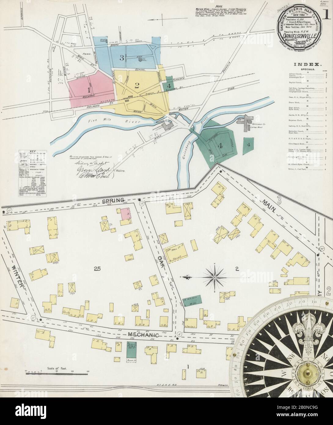 Immagine 1 Della Mappa Sanborn Fire Insurance Di Danielsonville, Windham County, Connecticut. Giu 1892. 4 fogli, America, mappa stradale con una bussola Del Xix Secolo Foto Stock
