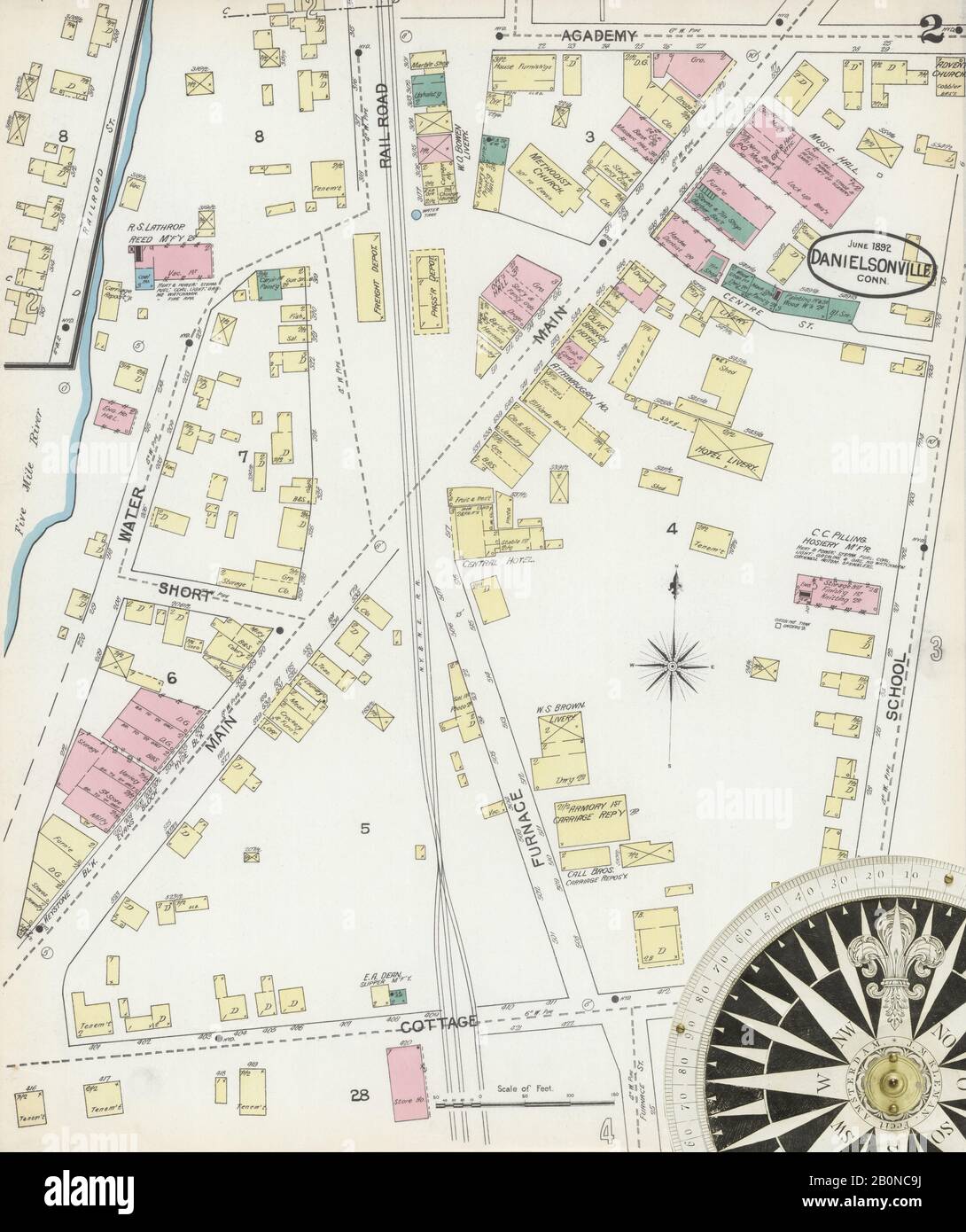 Immagine 2 Della Mappa Sanborn Fire Insurance Di Danielsonville, Windham County, Connecticut. Giu 1892. 4 fogli, America, mappa stradale con una bussola Del Xix Secolo Foto Stock