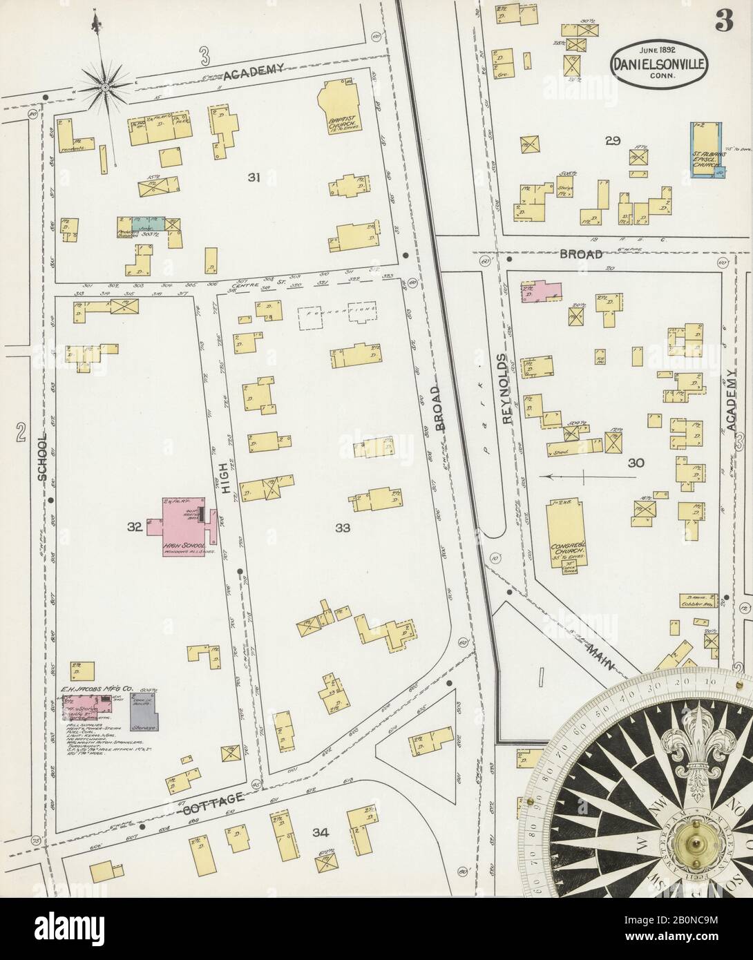 Immagine 3 Della Mappa Sanborn Fire Insurance Di Danielsonville, Windham County, Connecticut. Giu 1892. 4 fogli, America, mappa stradale con una bussola Del Xix Secolo Foto Stock