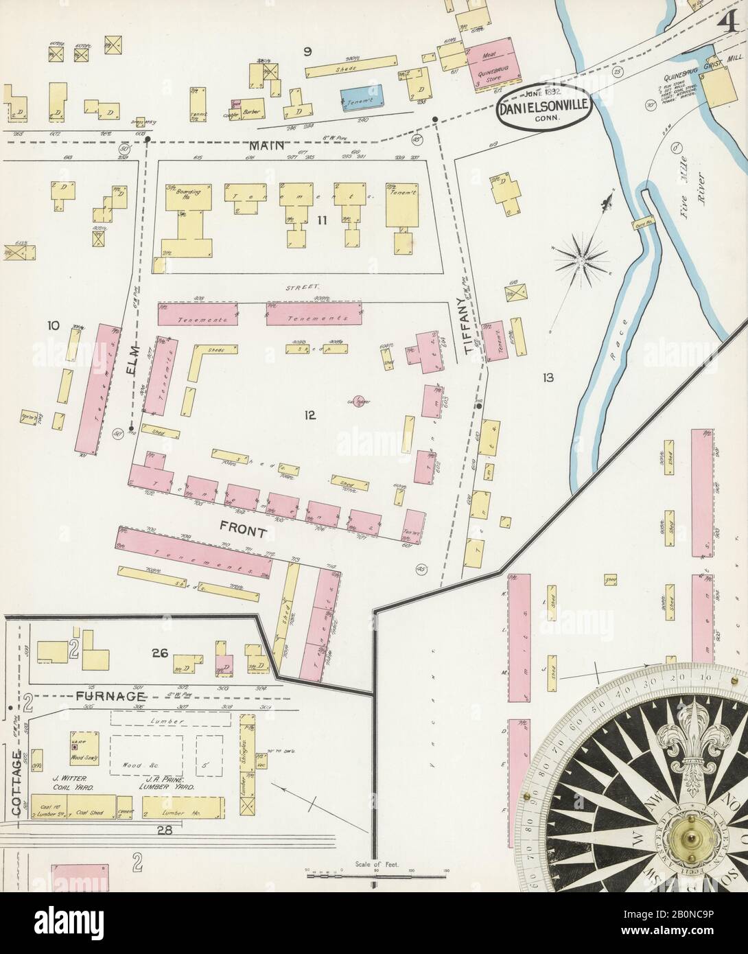 Immagine 4 Della Mappa Sanborn Fire Insurance Di Danielsonville, Windham County, Connecticut. Giu 1892. 4 fogli, America, mappa stradale con una bussola Del Xix Secolo Foto Stock